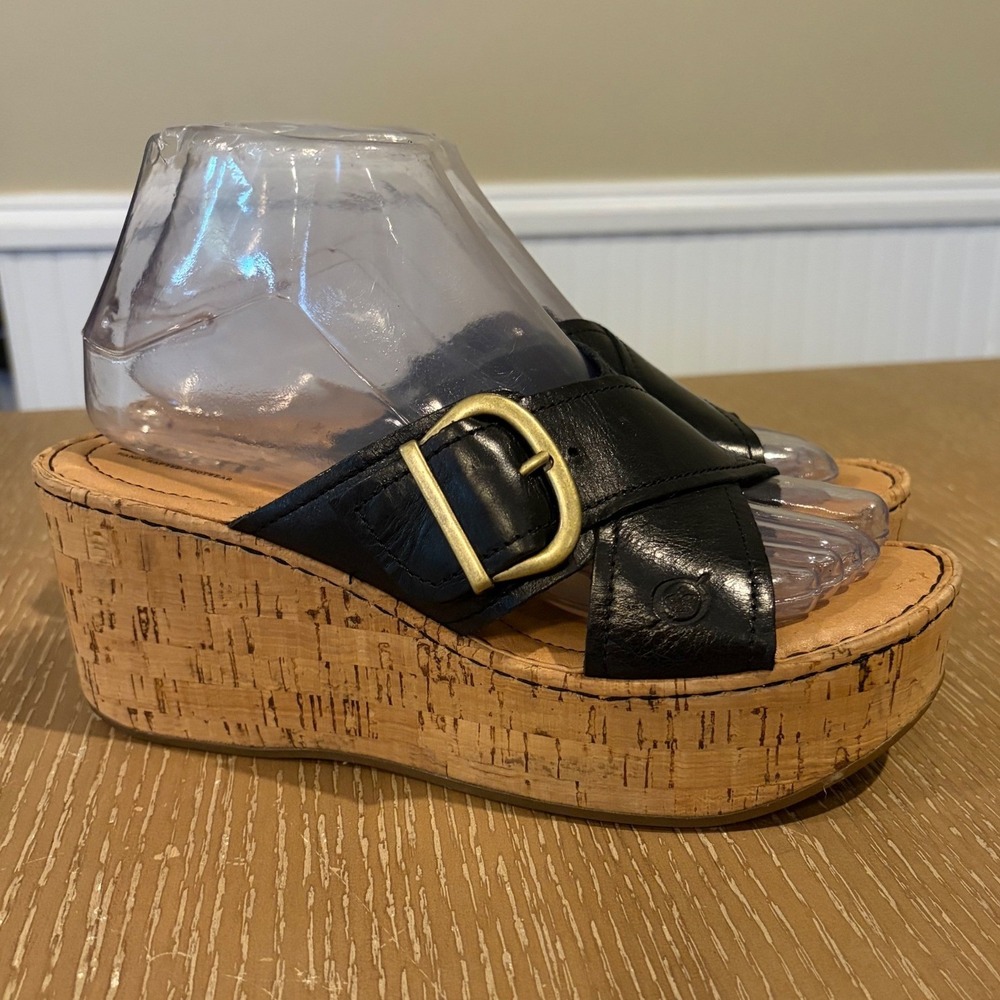 Born Goma Women's Size 7 M Black Leather Cork Wedge Slide Sandals Buckle